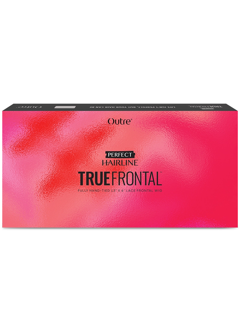 Outre Perfect Hairline TRUEFRONTAL Lace Front Wig packaging. Vibrant red and pink textured box with product text.