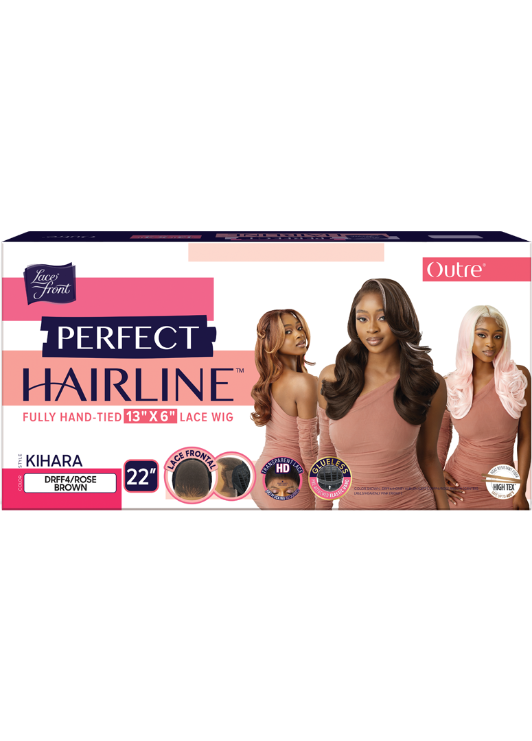 Kihara Perfect Hair Line 13x6 Lace Front Wig packaging with three women modeling varied wavy styles like rose brown.