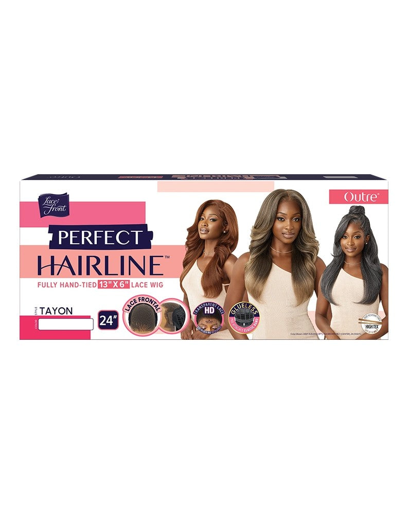 Perfect Hairline Fully Hand Tied 13x6 HD Lace Wig TAYON product packaging. Displays three models wearing 24" wavy wigs in ...