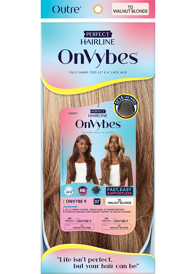 Perfect Hair Line OnVybes 9 HD Lace Front Wig packaging. Displays long wavy TD Walnut Blonde hair and models.