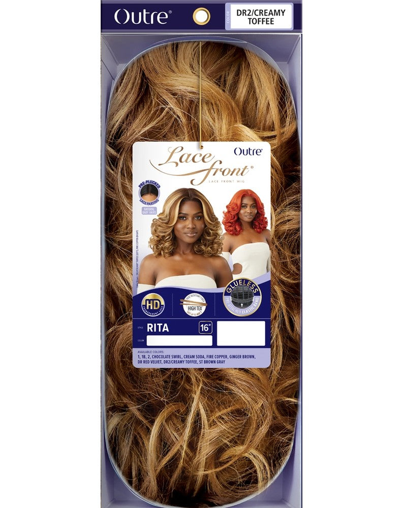 Packaging for Glueless HD Lace Front Wig 16" RITA. Shows wavy, multi-tonal blonde and brown hair, plus a model wearing it.