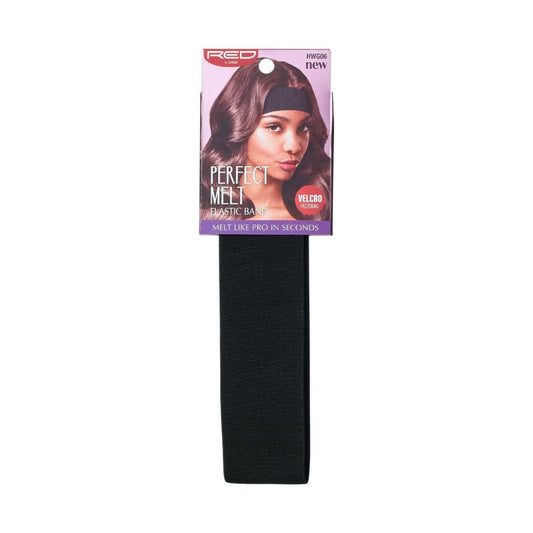 Red by Kiss Perfect Melt Elastic Wigband packaging displays a model with dark hair and the wide black elastic band itself.