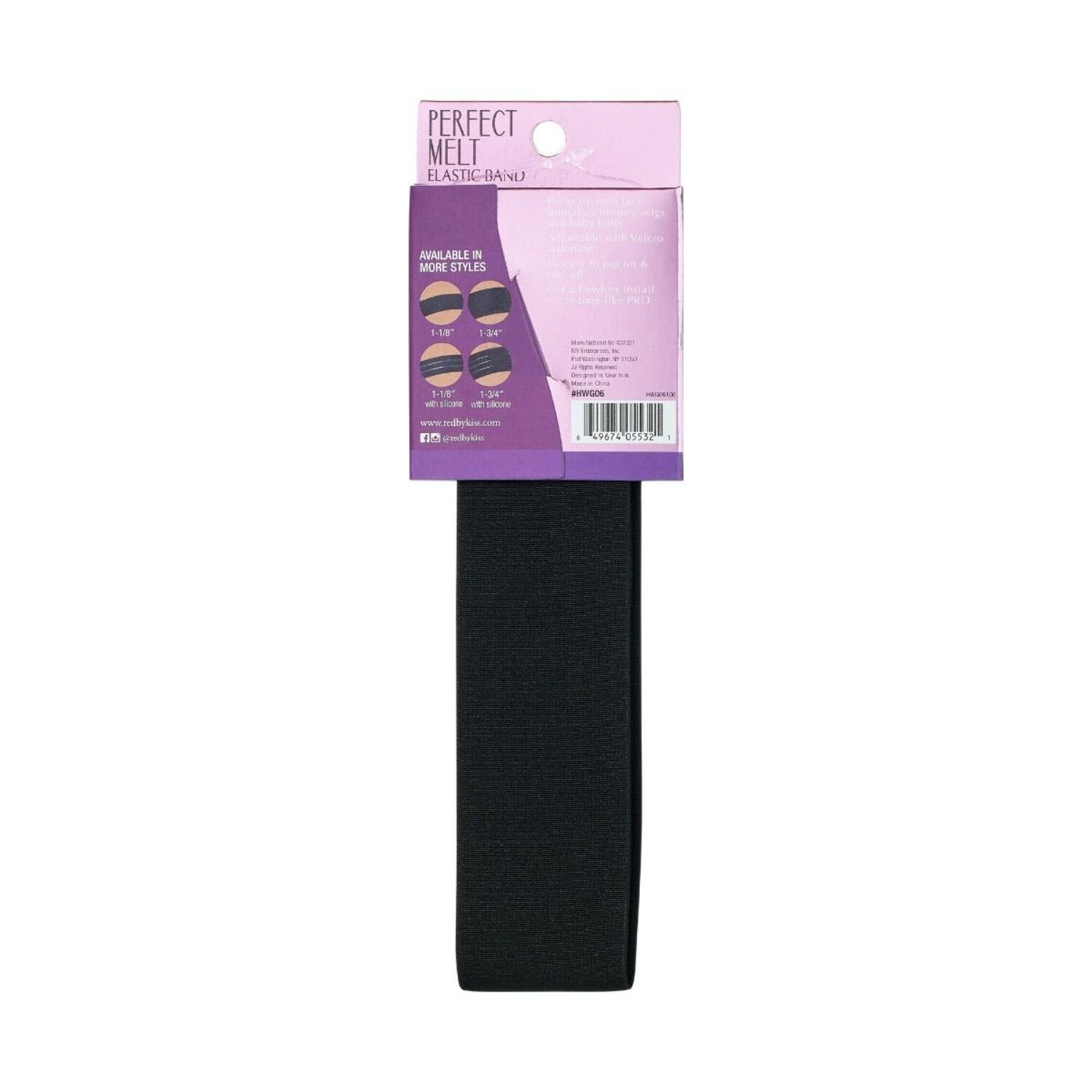 Red by Kiss Perfect Melt Elastic Wigband packaging shows a pink card and the black 1 3/4" wide elastic band.