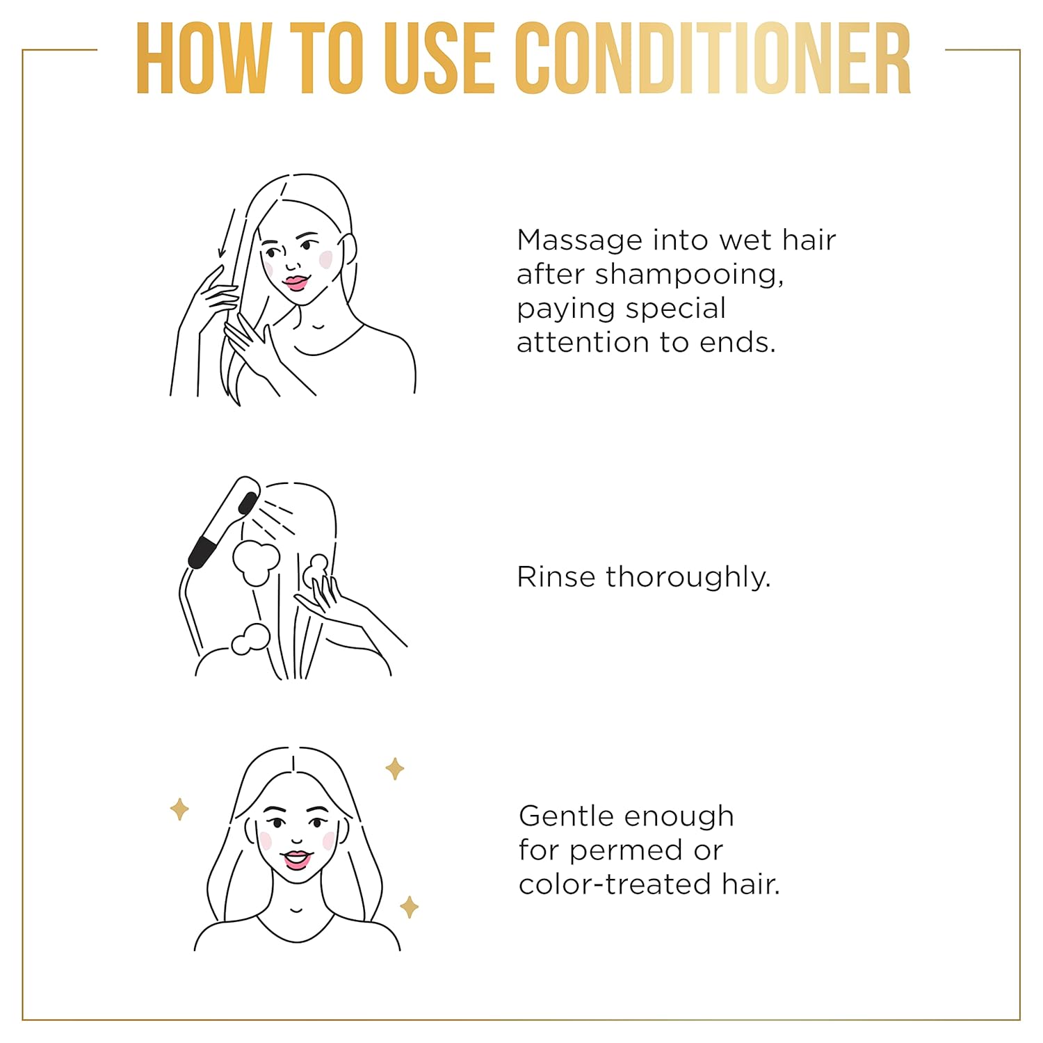 Pantene Pro-V Daily Moisture Renewal Conditioner instructions. Illustrations depict massaging, rinsing, and a woman with s...