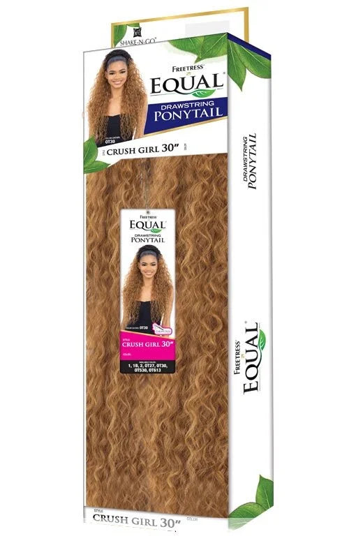 Packaging for Freetress Equal Crush Girl 30" Drawstring Ponytail, showing long, wavy, caramel-colored hair and a smiling m...