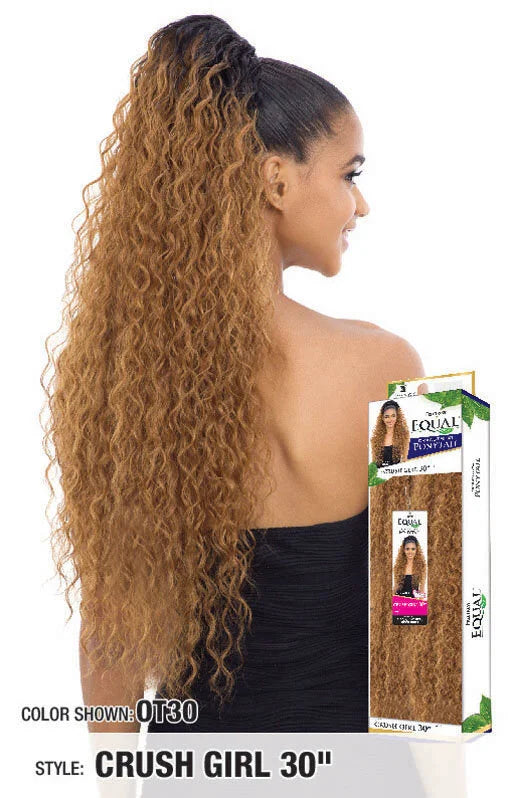 Person wears Freetress Equal Crush Girl 30" ponytail. It's a high, very long, curly OT30 ombre ponytail. Packaging visible.