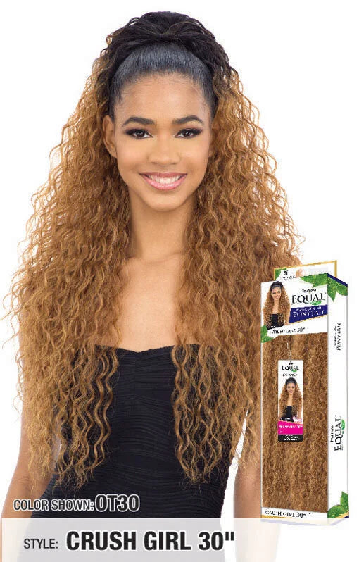 Model wears Freetress Equal Crush Girl 30" synthetic ponytail: sleek dark roots, long voluminous curly ombré brown hair.