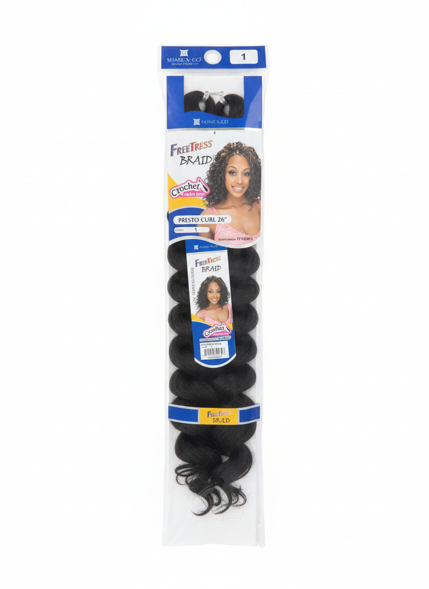 Packaging for Freetress Presto Curl 26" hair. Shows coiled black crochet braid hair and a model with dark, curly hair.