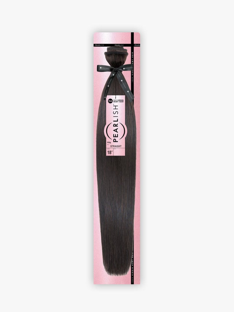 Dark brown straight 18-inch Pearlish Virgin Remy Human Hair extensions in pink retail packaging.