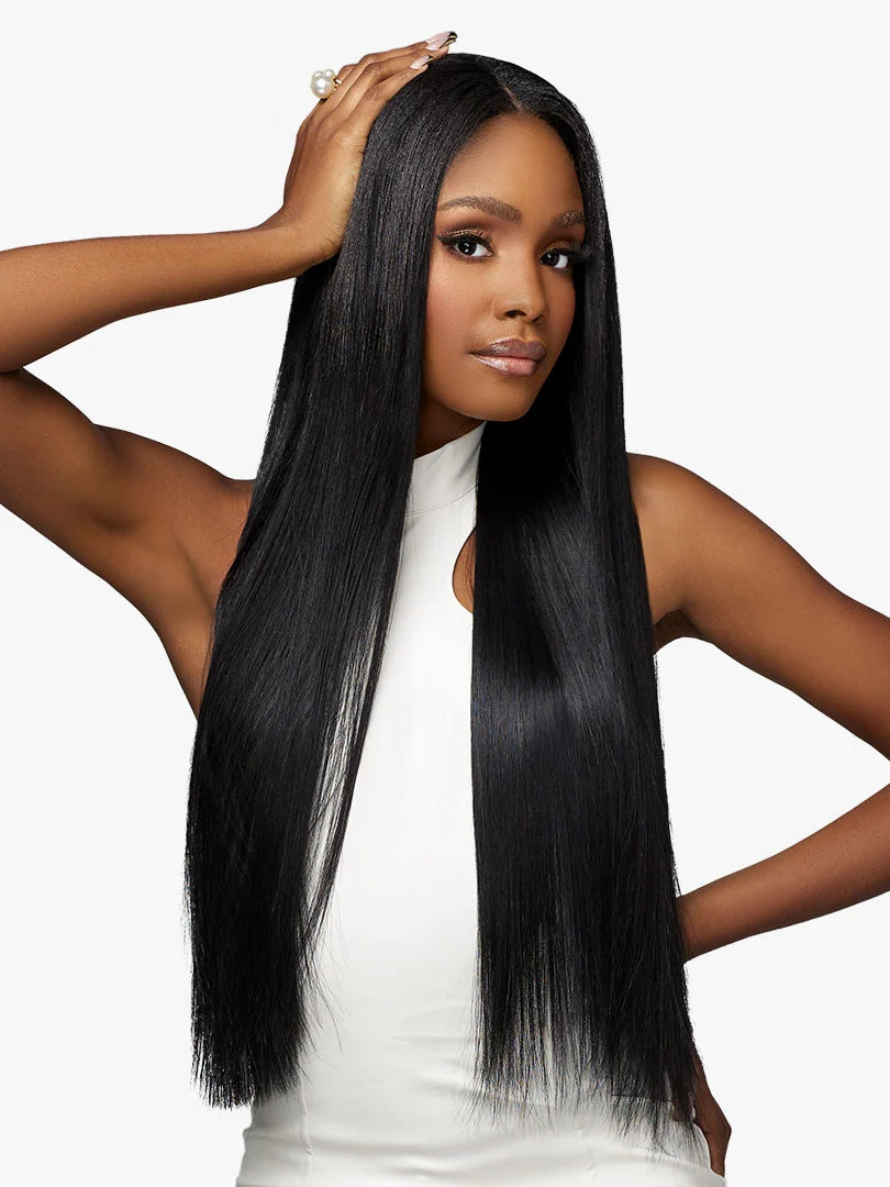 Woman with Pearlish Virgin Remy Human Hair Multipack - STRAIGHT. Long, sleek black hair with a middle part.