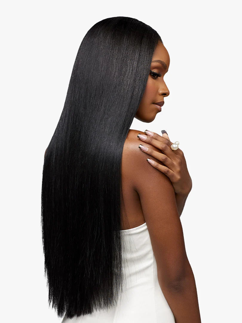 Side view of a woman showcasing very long, sleek black Pearlish Virgin Remy Human Hair Multipack - STRAIGHT.