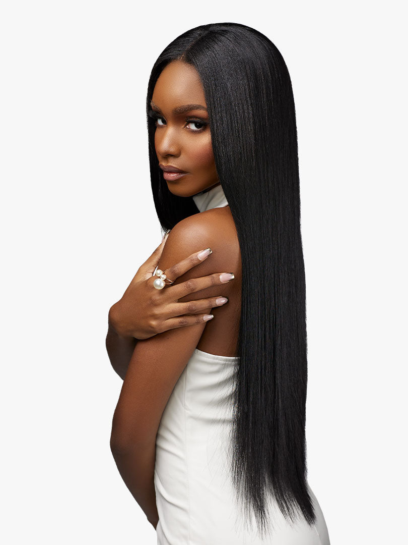 Model with Pearlish Virgin Remy Human Hair Multipack - STRAIGHT, featuring very long, sleek black straight hair.
