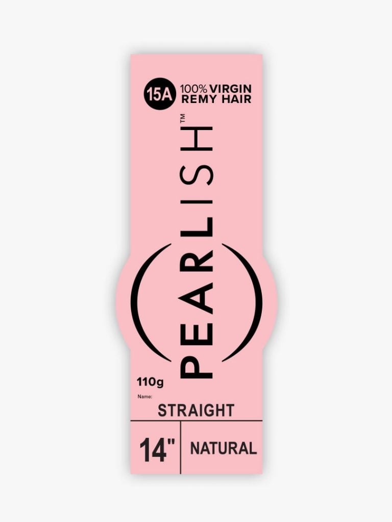 Pearlish Virgin Remy Human Hair packaging for 14-inch natural straight hair, 110g. Pink label with black text.
