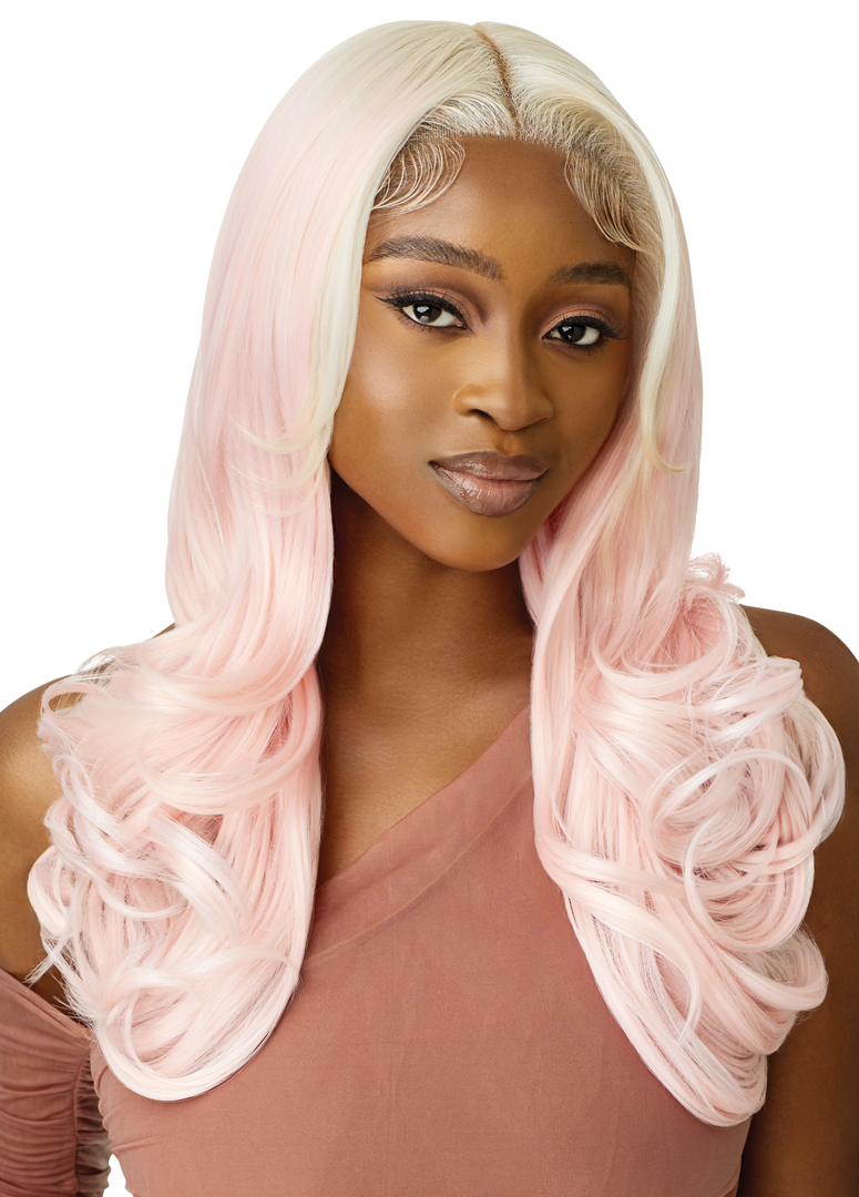 Woman modeling Kihara Perfect Hair Line wig. Long pastel pink hair with blonde roots, styled in bouncy curls.