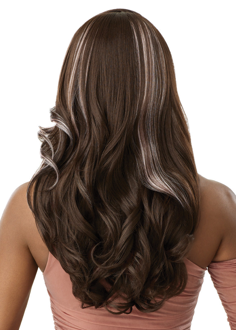 Kihara Perfect Hair Line wig on a person, seen from the back. Long, wavy dark brown hair with ash blonde streaks.