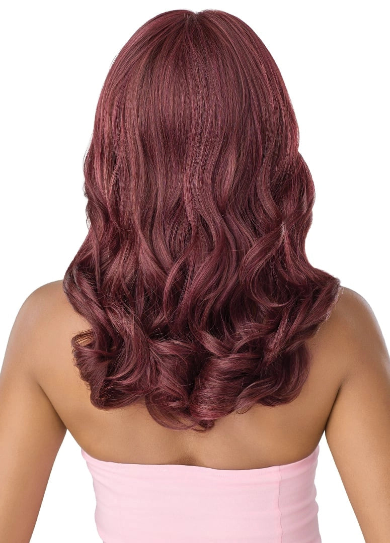 Back of a person wearing Perfect Hairline Lace Front Wig. Long burgundy hair with voluminous curls past shoulders.