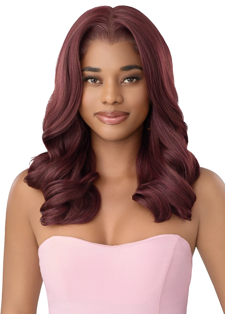 Woman wearing Perfect Hairline Lace Front Wig - PHL 13x6 True Frontal, with glossy, deep red, shoulder-length waves.