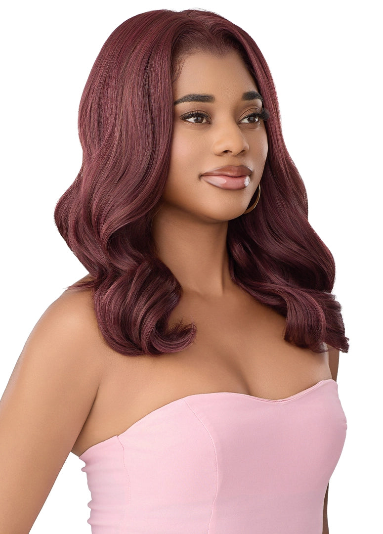 Woman models Perfect Hairline Lace Front Wig PHL 13x6 True Frontal with deep red, shoulder-length wavy hair.