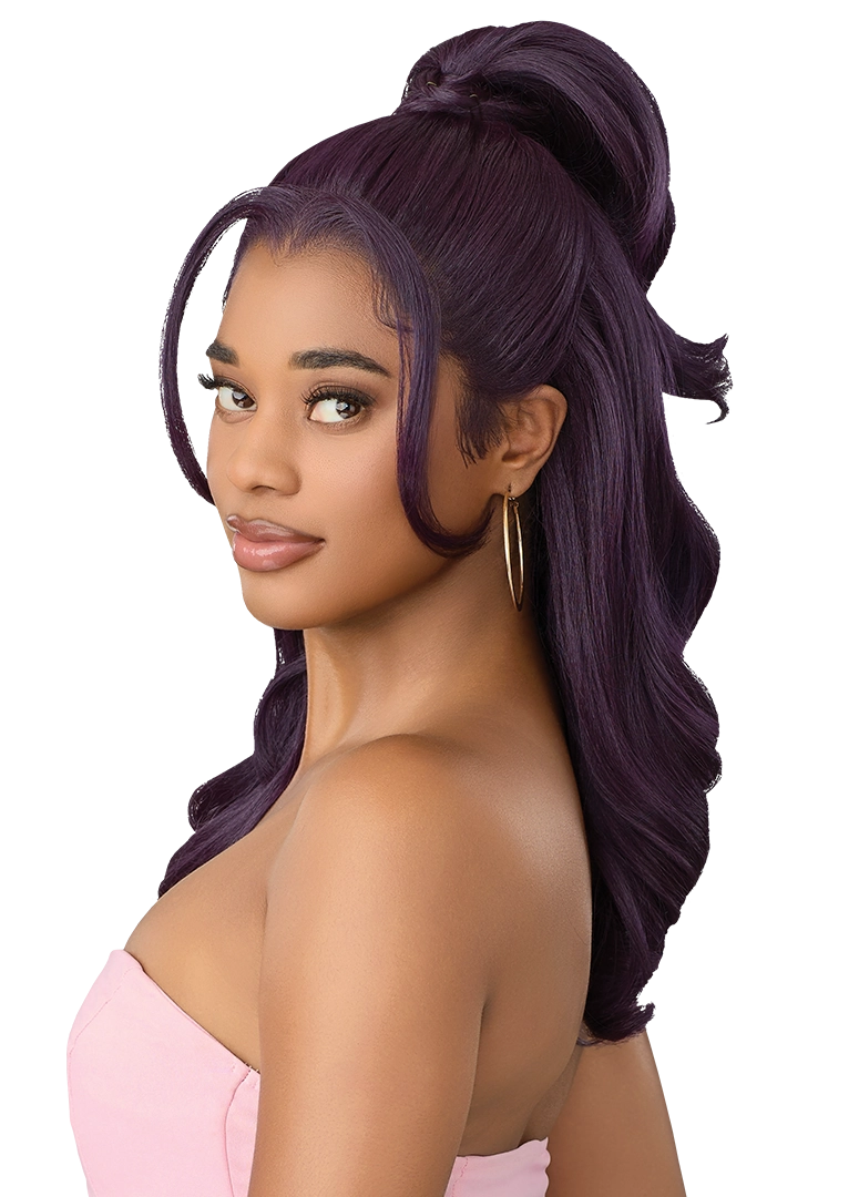 Perfect Hairline Lace Front Wig on woman: long, wavy dark purple hair styled in a high bun with face-framing pieces.