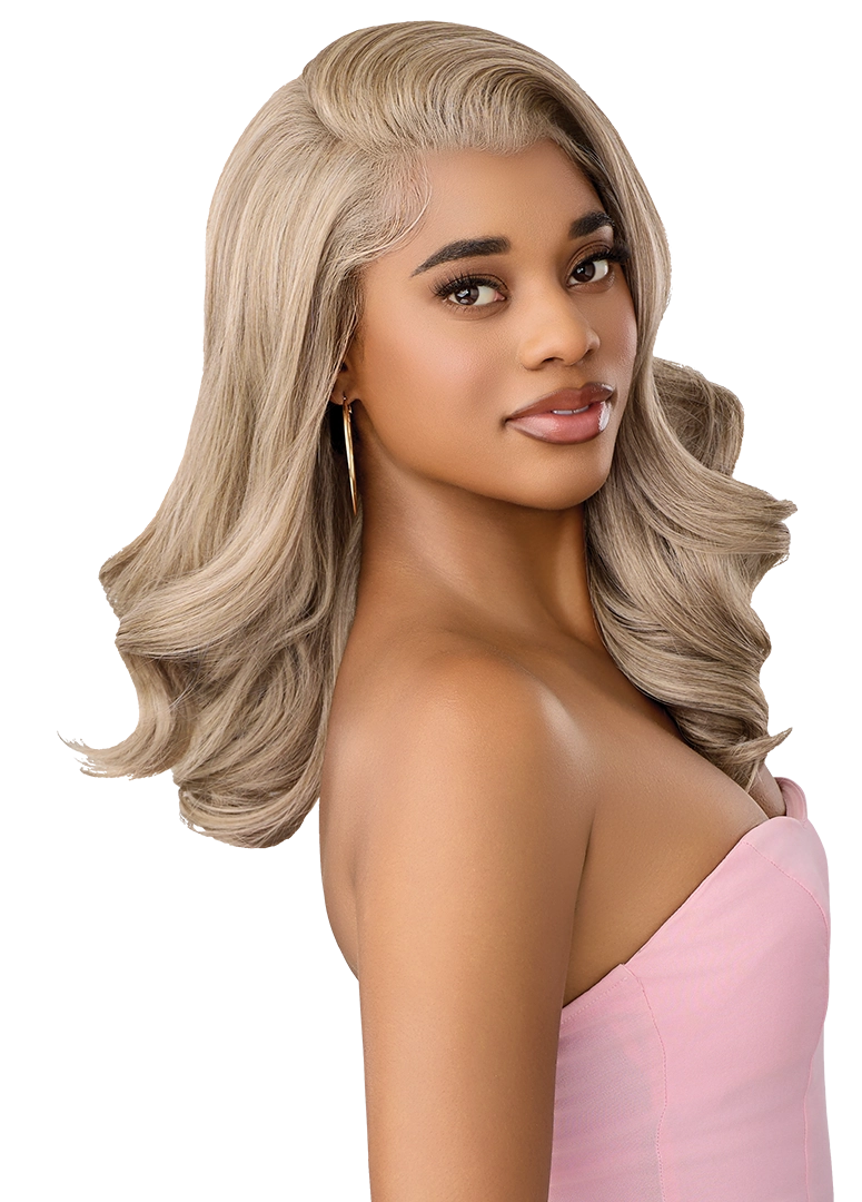 Woman with Perfect Hairline Lace Front Wig - PHL 13x6 True Frontal - Peak 715 - HT, featuring wavy ash blonde hair.