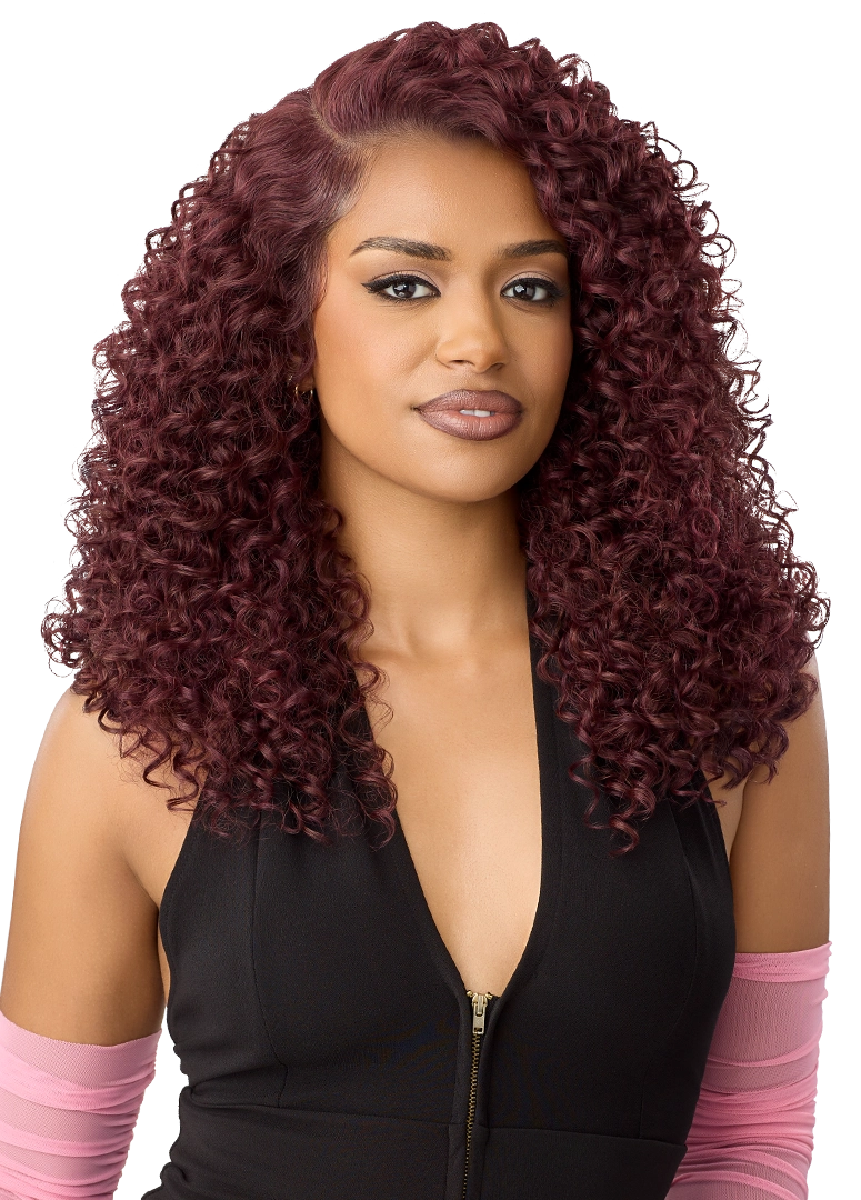 Woman models Perfect Hairline Lace Front Wig in burgundy, shoulder-length curls with a deep side part.