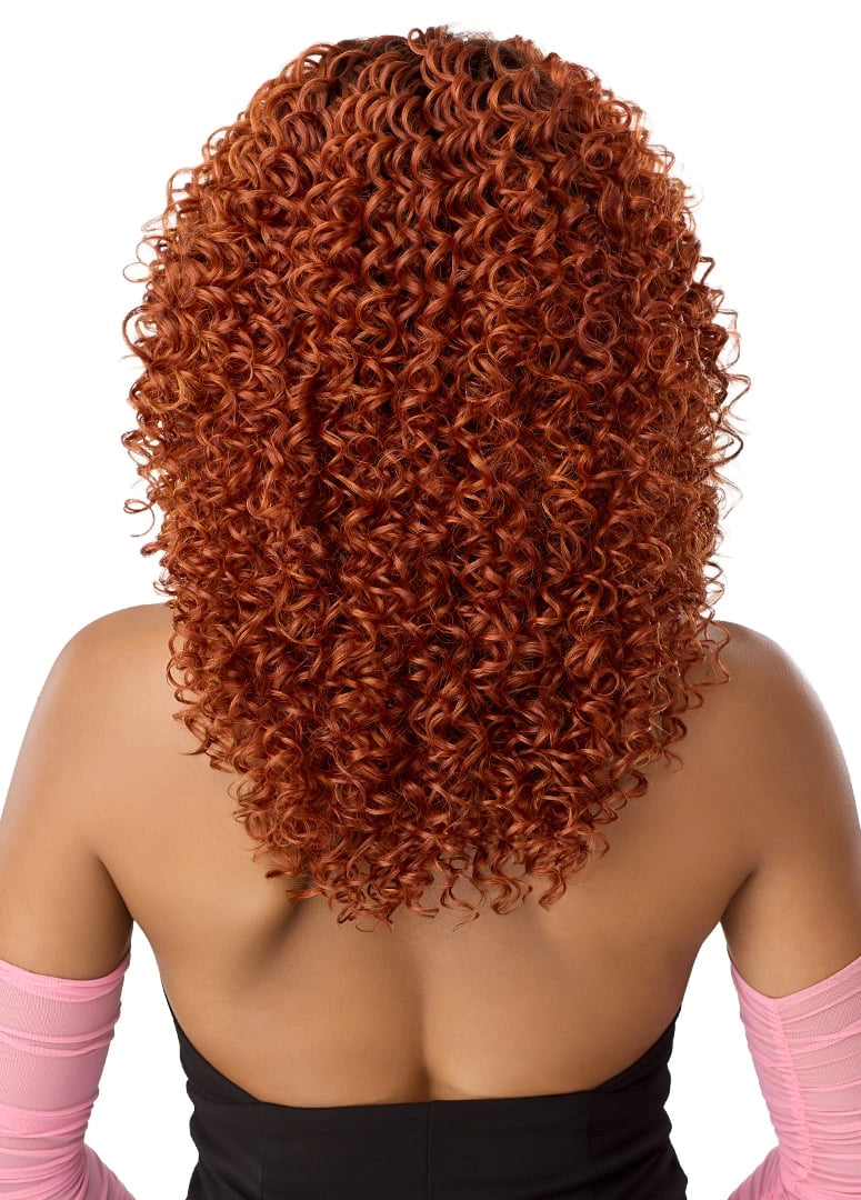 Back view of person wearing a medium-length, auburn kinky curly Perfect Hairline Lace Front Wig.