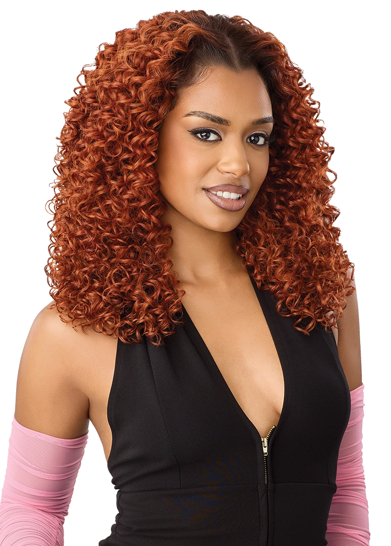 Woman models the Perfect Hairline Lace Front Wig, featuring voluminous shoulder-length auburn curls with a side part.