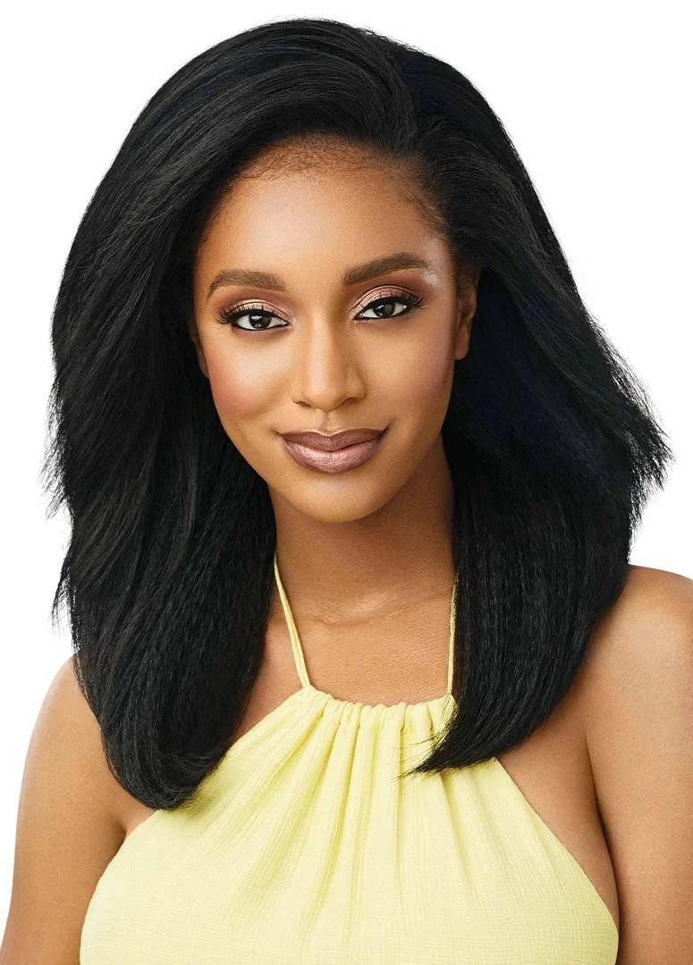 A woman models the Outre HAWAIIAN HOTTIE wig: voluminous, shoulder-length black hair with a kinky-straight texture and sid...