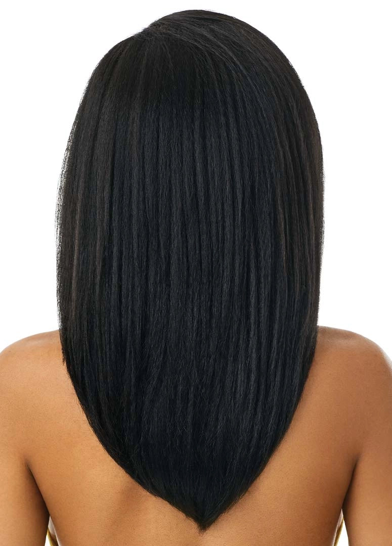 Back view of Outre Hawaiian Hottie half wig: straight, black, shoulder-length hair with a natural Yaki texture and V-cut e...