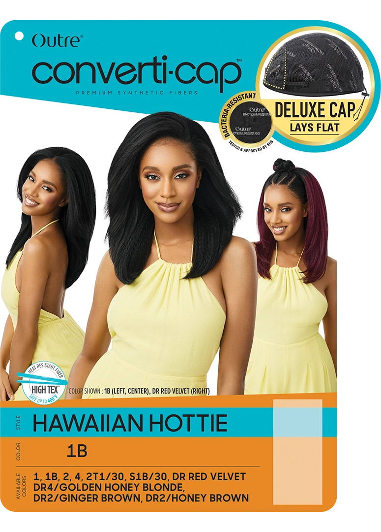Outre Converti-Cap Hawaiian Hottie wig packaging. Models show two dark black textured wavy shoulder-length wigs and a red ...