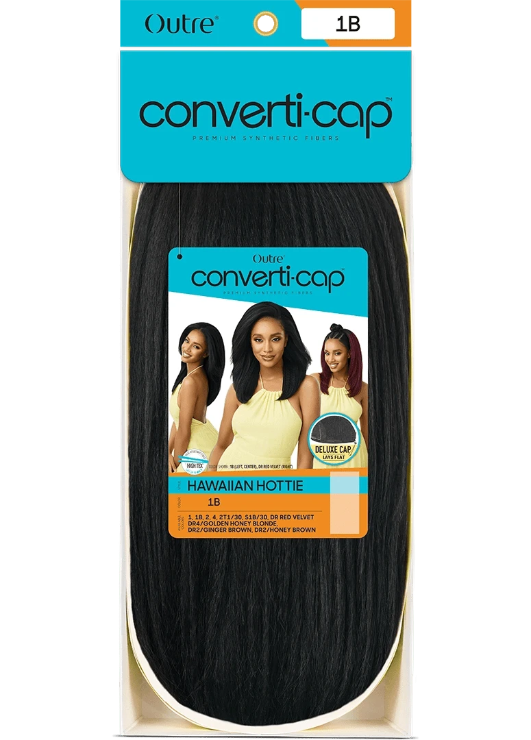 Product packaging for Outre Synthetic Converti-Cap Half Wig HAWAIIAN HOTTIE, showing long, straight, black hair.