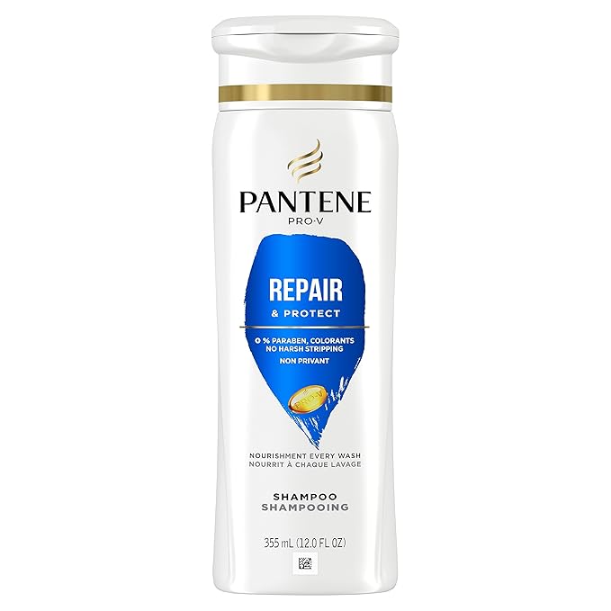 White Pantene Pro-V Repair & Protect Shampoo bottle, 12 oz, with a gold stripe and blue 'Repair & Protect' label.