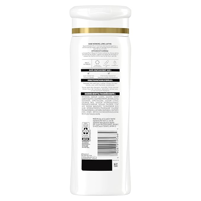Back of Pantene Pro-V Repair & Protect Shampoo bottle, showing a white label with ingredients, directions, and barcode.