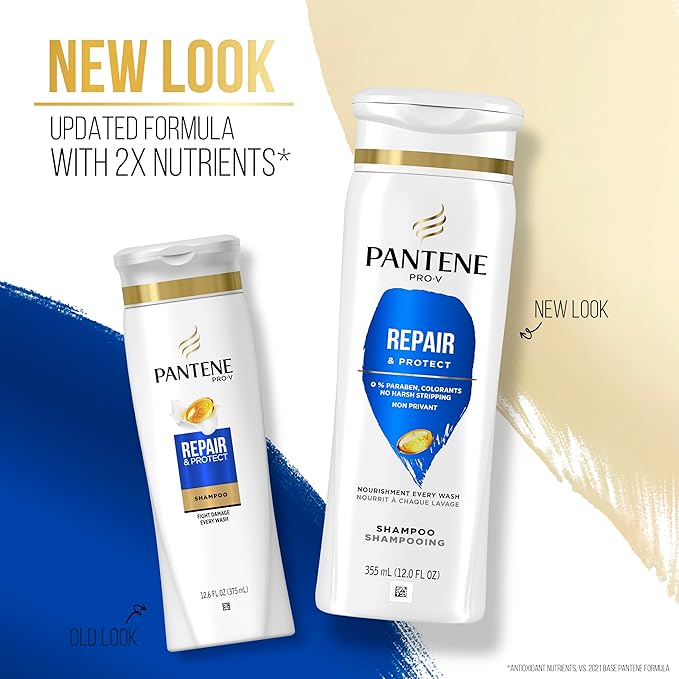 Two Pantene Pro-V Repair & Protect Shampoo bottles, old and new packaging shown side-by-side with updated formula.