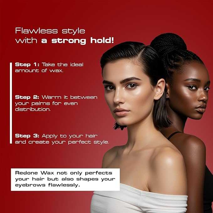 Two women model hairstyles with Red One Hair Wax. One has sleek, dark, short hair, the other dark braided hair in a bun.
