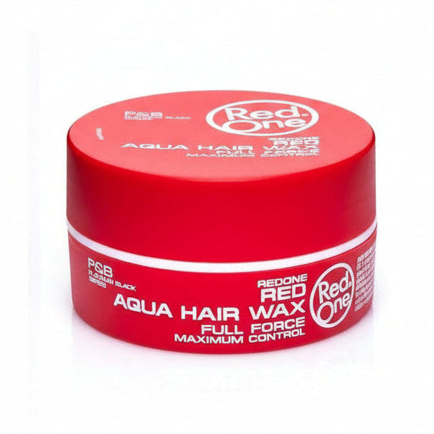 Red One Aqua Hair Wax in a round, red container with "Full Force Maximum Control" on the side.