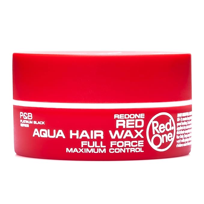 Red One Aqua Hair Wax packaging. A vibrant red round tub with white 'Aqua Hair Wax Full Force Maximum Control' text.