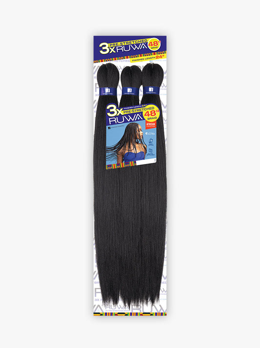 Packaging for Ruwa 3X Pre-Stretched Braid 48". Shows three bundles of long, textured black hair.