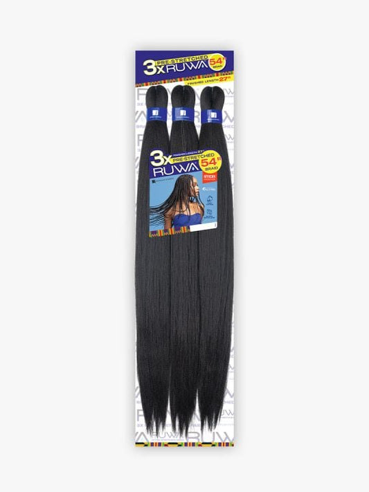 Ruwa 3X Pre-Stretched Braid 54" packaging. Three bundles of long, black synthetic braiding hair with a model on the label.