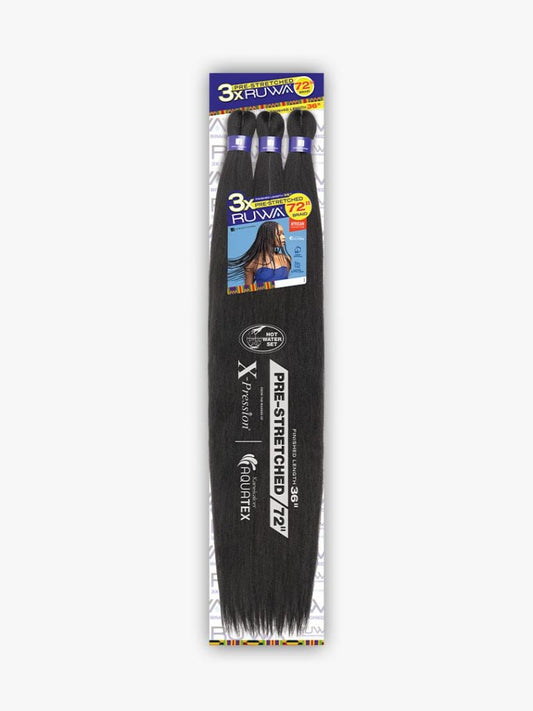 Product packaging for Ruwa 3X Pre-Stretched Braid 36" (72" Total) braiding hair. Shows three bundles of long black synthet...