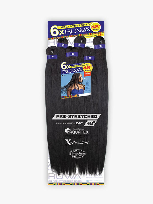 Packaging for Ruwa 6X Pre-Stretched Braid 48" features bundles of long black braiding hair and a woman with braids.