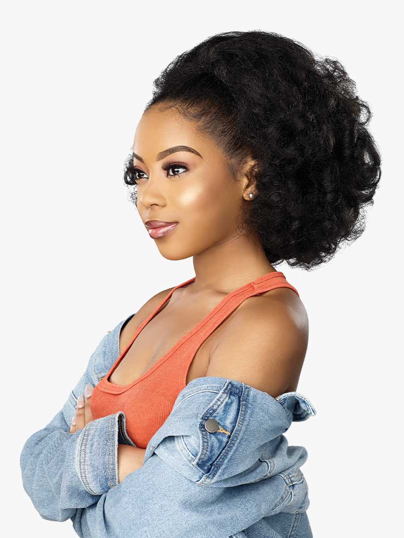 Woman models Curls Kinks & Co RAIN MAKER Textured Drawstring Ponytail in black. Voluminous, high kinky-curly style.