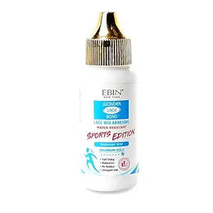 White EBIN Wonder Lace Bond Sports Edition lace wig adhesive bottle with a gold cap and blue and red label details.
