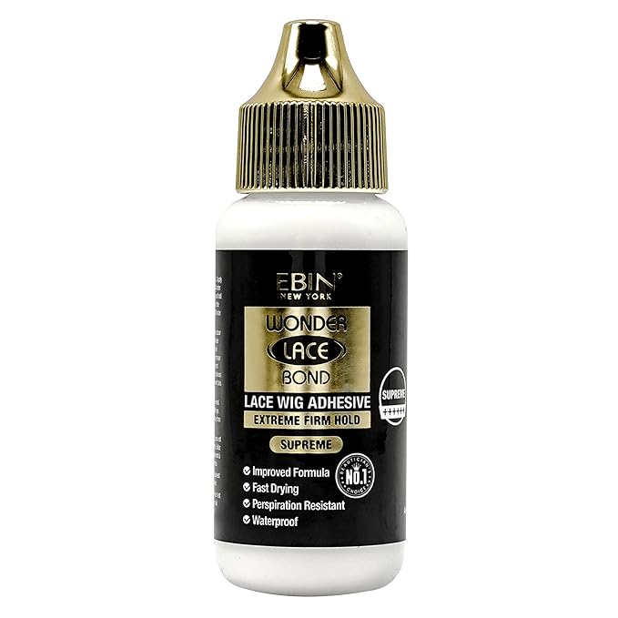 EBIN Wonder Lace Bond Supreme Wig Adhesive Glue in a white bottle with a black label, gold cap, and firm hold details.