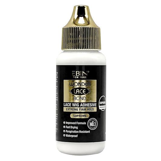 EBIN Wonder Lace Bond Supreme Wig Adhesive Glue in a white bottle with a black label, gold cap, and firm hold details.