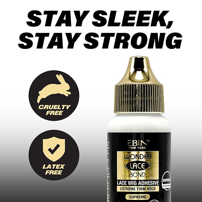 Partial EBIN Wonder Lace Bond Supreme glue bottle. Black label, gold cap. 'Stay Sleek, Stay Strong' text. Cruelty & Latex-...