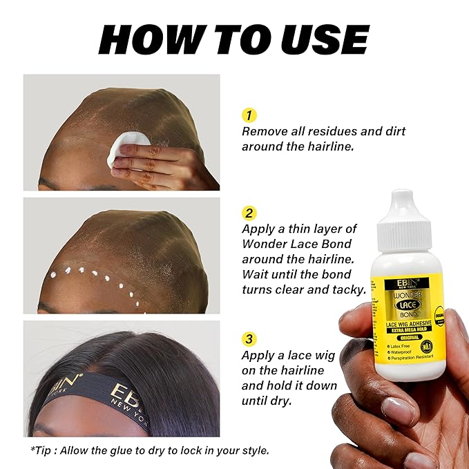 Hand holds white EBIN Wonder Lace Bond Supreme Wig Adhesive Glue bottle with yellow label and dropper cap.