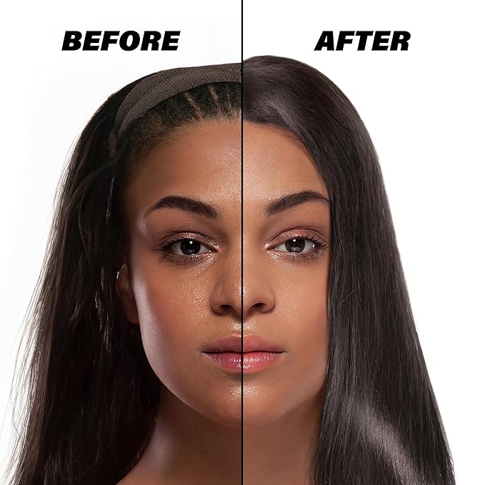 Woman's before/after with EBIN Wonder Lace Bond Supreme glue. Left: braided hair, wig cap. Right: long, dark, straight wig.