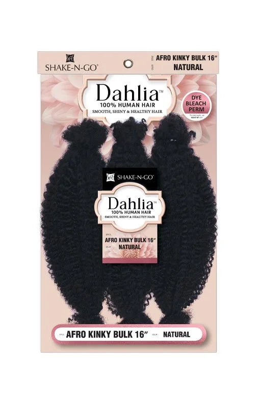 Dahlia Afro Kinky 16" Bulk Braiding Hair packaging displays three bundles of natural black, kinky-textured hair.