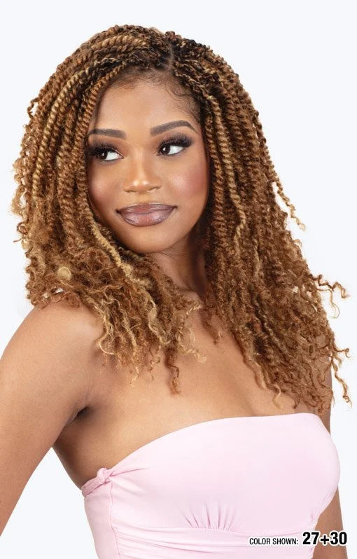 Woman wearing Dahlia Afro Kinky 16" Bulk Braiding Hair. Shoulder-length, multi-toned honey blonde spring twists with curly...